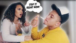 SMOKING A CIGARETTE IN OUR HOME PRANK ON GIRLFRIEND ** SHE GETS HEATED **