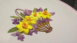 Backet Flower Embroidery Daffodils and Lilac
