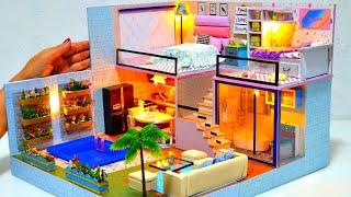 DIY Miniature Cardboard Box Dollhouse # 4 - Dreamhouse mansion with real swimming pool 2 bedrooms