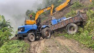 Difficult for Tractor Turning on Road-JCB and Volvo Excavator Widening Mountain Road Turn