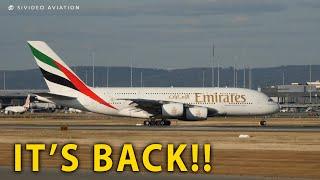 A380 is BACK DAILY - Emirates A6-EEO arriving on RW21 at Perth Airport on November 1 2022.