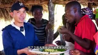 Asian boy raising silkworm babies in Africa