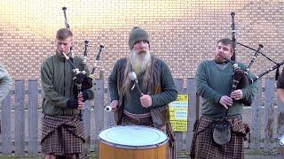 Scottish tribal pipes & drums band Clanadonia playing Ya Bassa during St Andrews Day event 2019