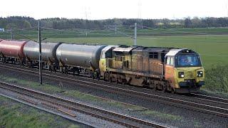 Trains at speed head into Scotland from Carlisle. Freight and Passenger at speed 16 April 24