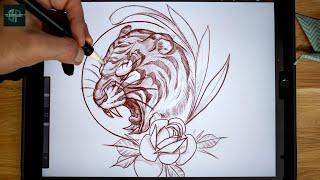 How to draw a Tattoo Design from Beginning to End  Neo Traditional Tiger Sketch