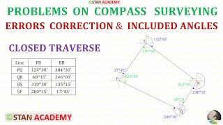 Compass Surveying - Problem No 4  Error Correction of a Closed Traverse & Finding Included Angles 