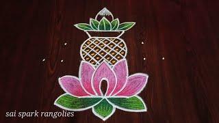 Vara Lakshmi Pooja rangoli 7*1  kalasam rangoli   Lotus flower rangoli  festival kolangal