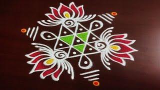 Easy & beautiful rangoli designs with 4 dots  Tulasi kota muggulu  Lotus rangoli  Friday muggulu