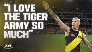 Dustin Martin speaks to Jack Riewoldt after his 300th game