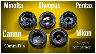 Vintage 50mm f1.4 Minolta Olympus Pentax Canon Nikon in-depth Comparison which one is better? in 4k