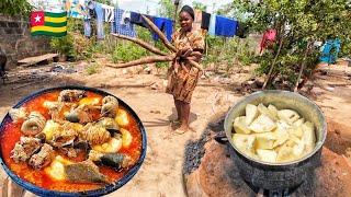 Harvesting and cooking delicious mouthwatering  Cassava yam fufu and light soup in Togo west Africa