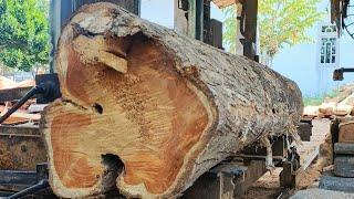 The process of sawing super teak wood into blocks and boards for doors