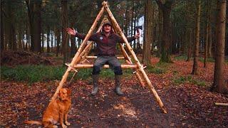 Building a Bushcraft and Survival Shelter with Hand Tools  Raised Bed  Bark Roof  Dog