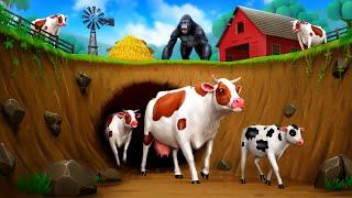 Crazy Cows Great Escape from Underground Tunnel Greedy Farmer and Gorilla Funny Animals Stories