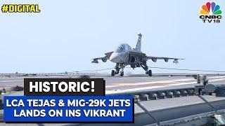 WATCH LCA Tejas & MiG-29K Jets Lands On Aircraft Carrier INS Vikrant  Visuals  CNBC-TV18