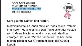 Brief B1 DTZ Aufzug kaputt. Brief schreiben an den Hausmeister  Hausverwaltung. Beschwerde