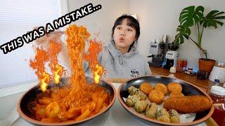 This was a mistake... *failed* Carbonara Fire Sauce Spicy Rice Cakes + Fried things mukbang