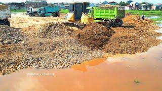 Part 3 Wonderful Project Landfill By Komatsu D51px Dozer Pushing Stone & Mini Truck Unloading Stone