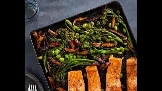 Roasted Salmon with Ginger-Soy Broccolini Mushrooms and Edamame
