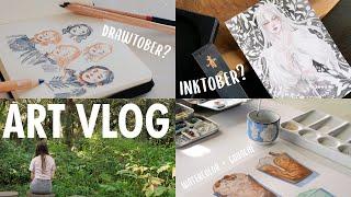 a cozy art vlog  preparing for Inktober Drawtober? and my watercolor & gouache painting process