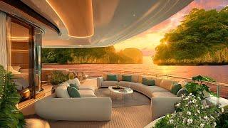 Tropical Beach Yacht  Golden Sunset Ambiance  Calm Sea & Ocean Nature Sounds  Happy and Uplifting