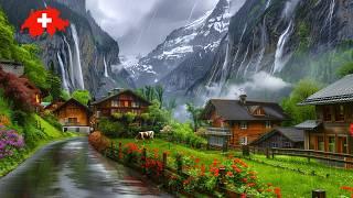 Switzerlands Most Beautiful Places on a Rainy Day  Wengen Lauterbrunnen. Walking in the Rain 4K