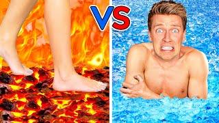 Walk on Fire or Swim Through Ice Extreme Hot vs Cold Challenge - Last Girl To Leave Icy Pool Wins