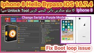 Iphone 8 Hello Screen bypass fix boot loop iOS 16.7.4 after serial change by unlock tool  2024