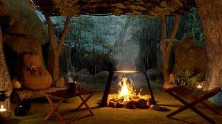 Spend a Night in a Rainy Forest Cave 8 Hours-  crackling fire & rain sounds