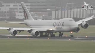 EASY Qatar Airways 747-8F A7-BGB Crosswind Landing