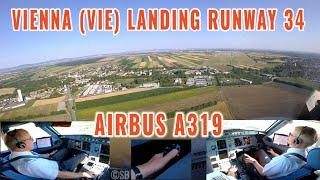 Vienna VIE Austria   Airbus A319 landing runway 34  Pilots + cockpit view  3 cameras + audio