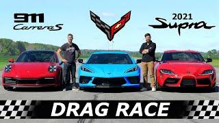 C8 Corvette vs 992 Carrera S vs 2021 Toyota Supra  DRAG RACE ROLL RACE & LAP TIMES