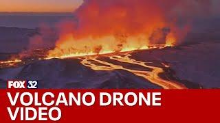 Dramatic drone video shows Icelandic volcano eruption