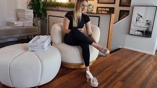 Catie Unboxes White 6 Inch High Heel Mule Platform Shoes With Jewel Encrusted Front Toe Strap