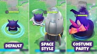 Gengar Default vs Space Style vs Costume Party Holowear Comparison - Pokémon Unite