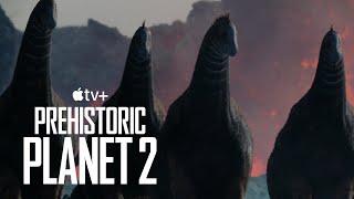 Herd of Isisaurus at volcanic basin - Prehistoric Planet season 2 episode 2