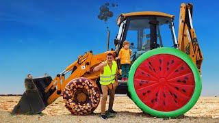 Leo helps his dad repair tractors rides in the mud and walks in the zoo with his mom