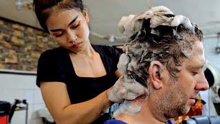 PERFECT HEAD MASSAGE to PUT YOU TO SLEEP Hair Wash SHAMPOO OVERLOAD Lady Barber Phnom Penh 