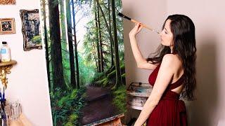 I painted a lush green forest landscape  Oil Painting Time Lapse