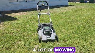 How much can an Ego mower cut with a 5ah battery?