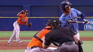 Rays Brett Phillips fakes charging the mound after being hit by former teammate Jorge Lopez