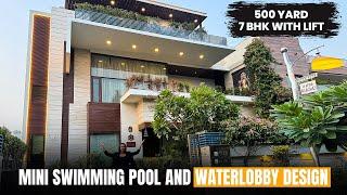 Inside a 500 yard Modern Design 7 BHK House With Lift Water Body Design Mini Swimming Pool