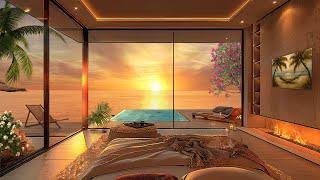 Summer Cozy Bedroom View of the Beach  Sunset Bliss   Soothing Ocean Waves & Warm Fireplace Sound