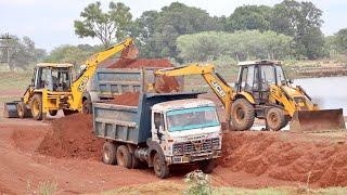 2 JCB 3dx Backhoe Loading Pond Murum in Tata 2518 Truck and John  Deere Tractor