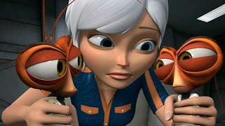 Ginormica grabs Dr. Cockroach and his clone from Monsters vs Aliens TV Series {Giantess}
