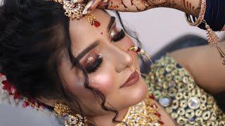 Most stunning & gorgeous bridal makeup & hairstyles tutorial  Step by step  golden glittery eyes