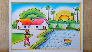 How to draw easy Scenery drawing Village scenery drawing Paddy field with farmer scenery drawing