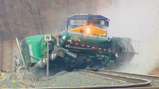 FAST TRAINS Hit SEMI TRUCKS & CARS   CLOSE CALL DANGEROUS RAILROAD CROSSING - TRAIN CRASHES