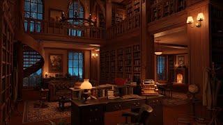 Cozy Library Room - Thunder & Rain Sounds Crackling Fireplace  10 Hours