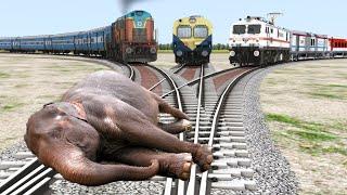 Three Trains vs Elephant - Stops the train  BeamNG.Drive